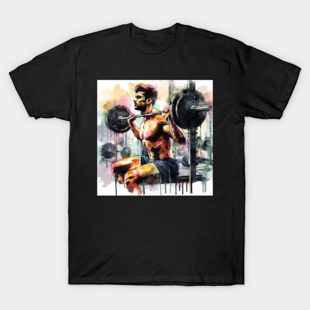 Artistic illustration of a man lifting weights in the gym T-Shirt by WelshDesigns